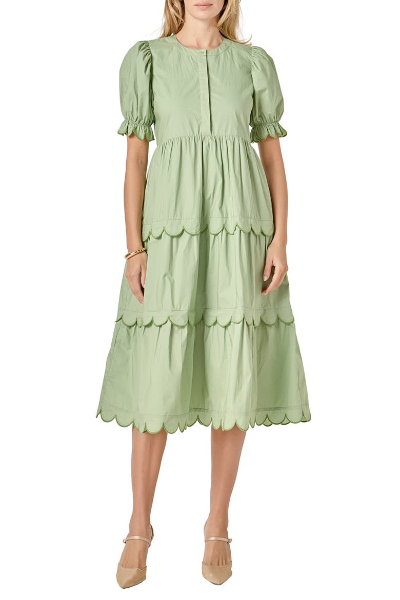Contrast Scalloped Trim Cotton Midi Dress, Main, color, SAGE/ GREEN
