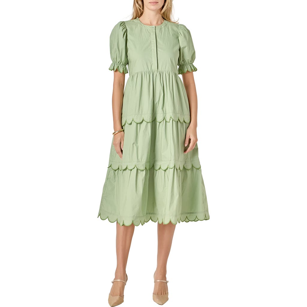 English Factory Contrast Scalloped Trim Cotton Midi Dress In Gray