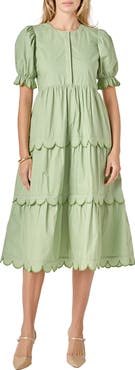 English Factory Contrast Scalloped Trim Cotton Midi Dress
