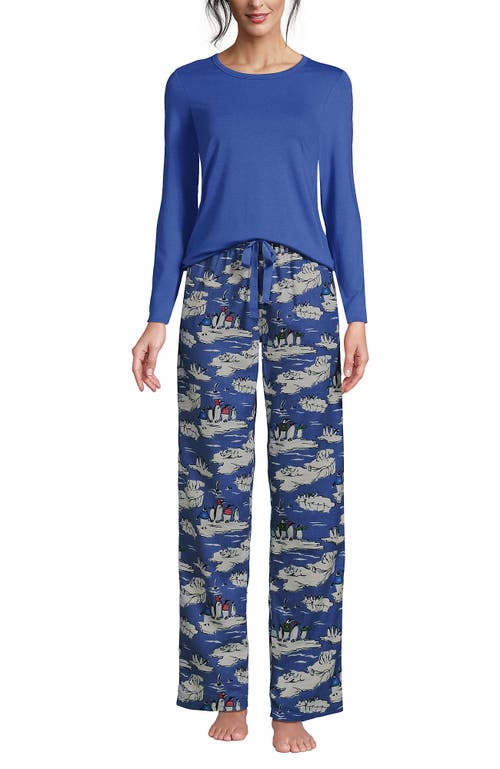 Lands' End Pajama Set Knit Long Sleeve T-shirt And Flannel Pants In Blue