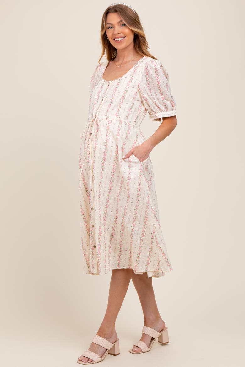 Swiss Dot Floral Print Button Down Midi Dress, Alternate, color, Light Pink