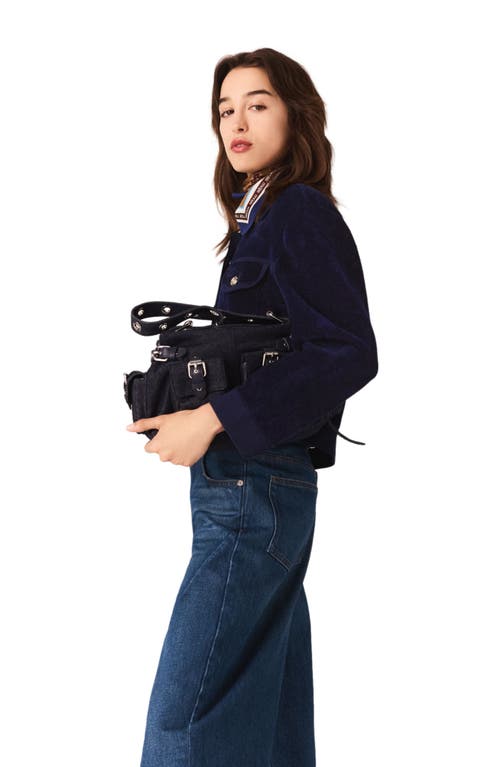 Maje Womens Navy Button-down Cropped Stretch-velvet Jacket In Blue