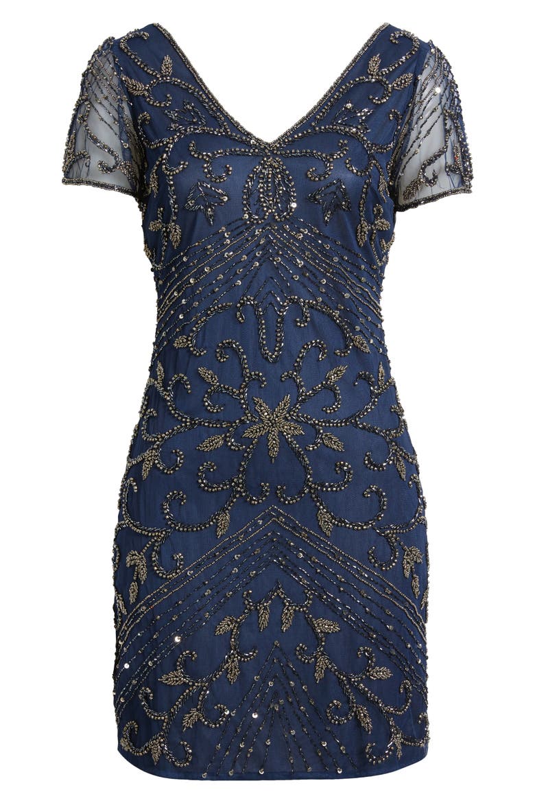 Beaded Double V-Neck Dress, Alternate, color, DENIM
