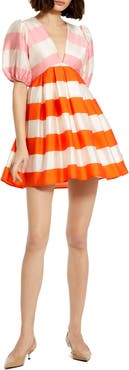 Mac Duggal Organza Striped Balloon Sleeve Mini Dress
