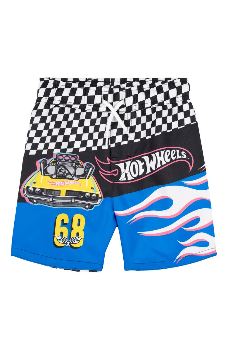 Hot Wheels 2-Piece Swimwear Rash Guard and Swim Trunks Set, Alternate, color, Blue Black Checker