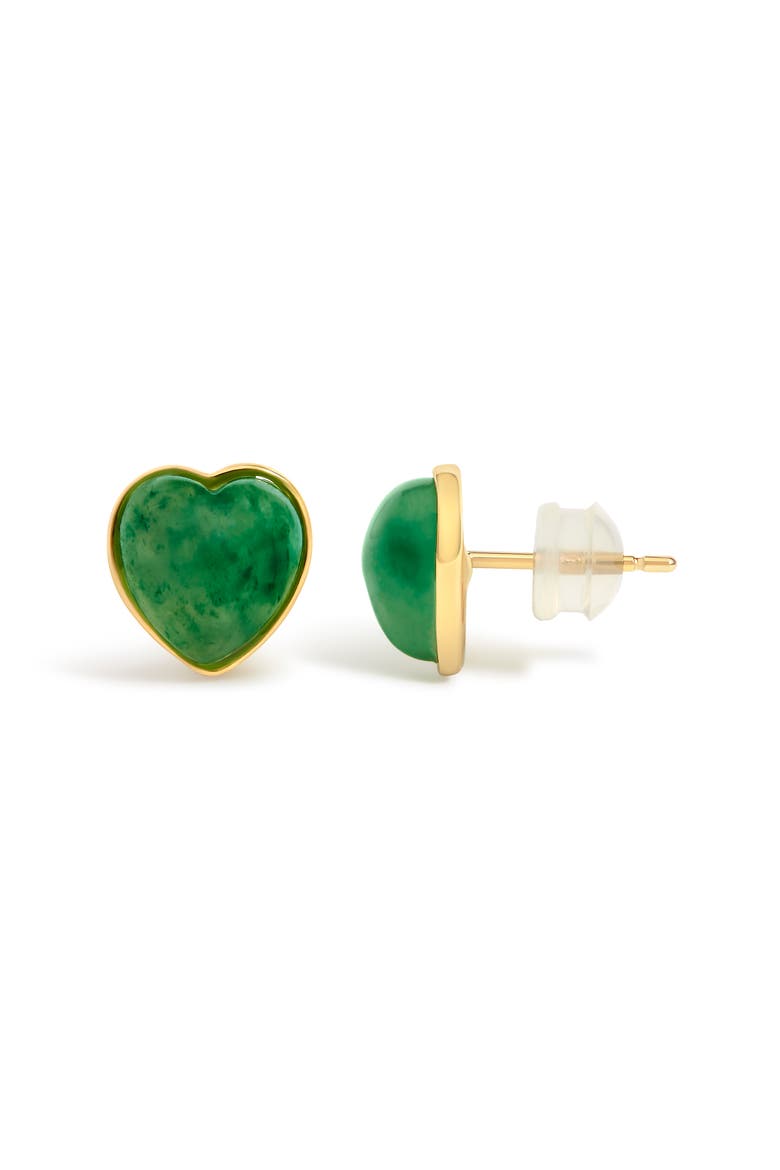 18K Yellow Gold 9x8 MM Bezel Set Green Jade Heart Stud Earrings, Alternate, color, Yellow Gold