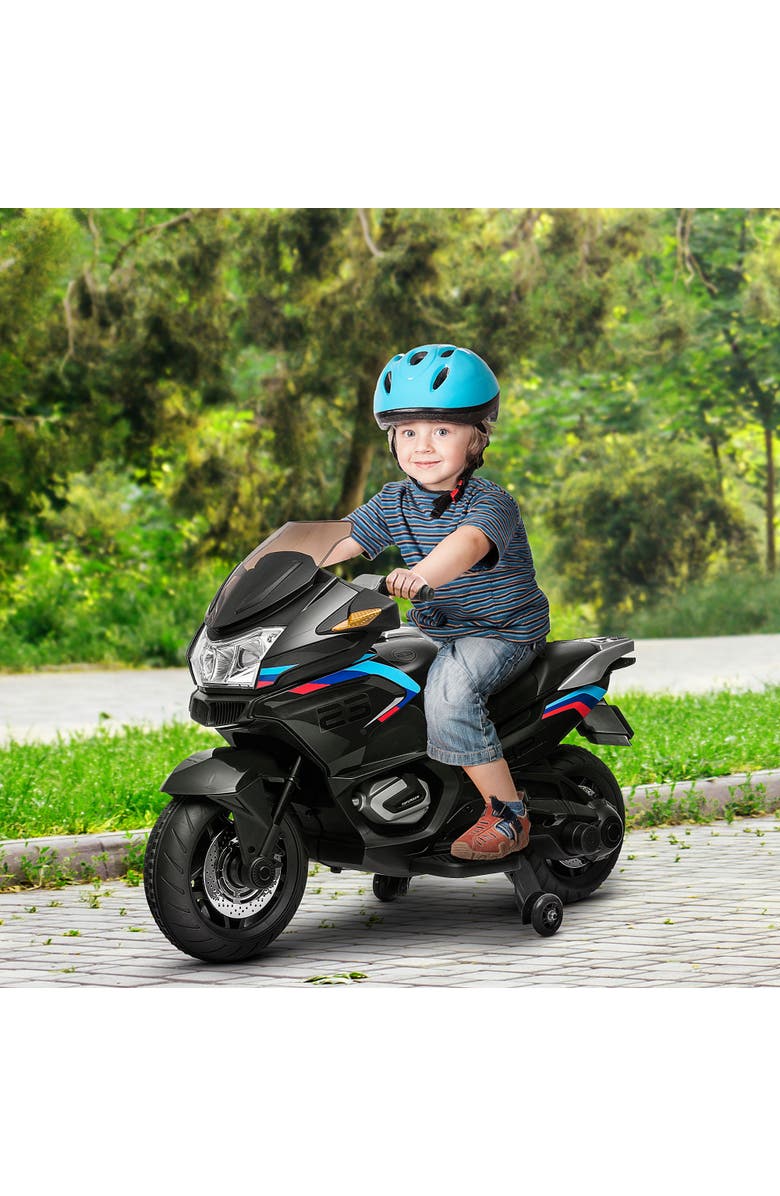 Aosom Kids Motorcycle with Training Wheels, Roaring Engine Design, High-Traction, Light Music, Alternate, color, Black