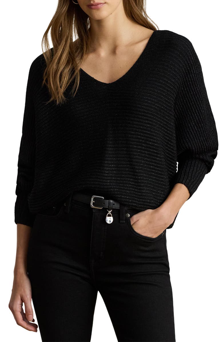Lauren Ralph Lauren Metallic Rib Dolman Sleeve Sweater, Main, color, Black Metallic