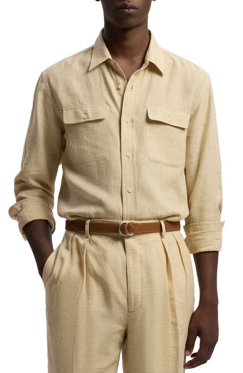 Windowpane Plaid Linen & Silk Blend Button-Up Shirt