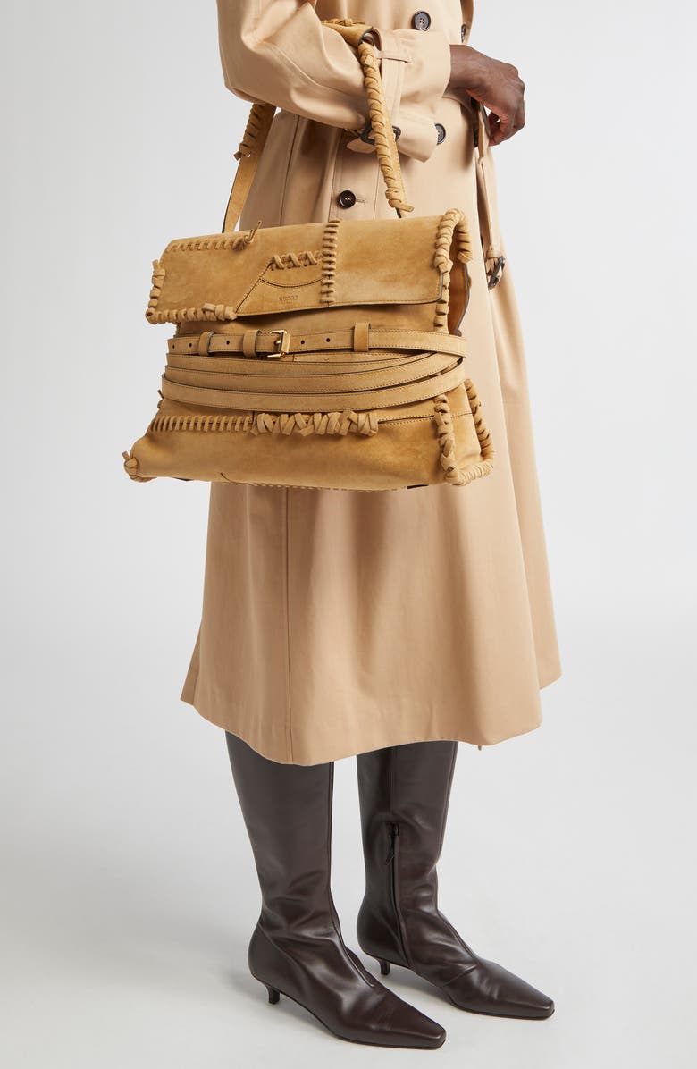 Moschino Large Tie Me Whipstitch Suede Shoulder Bag, Alternate, color,