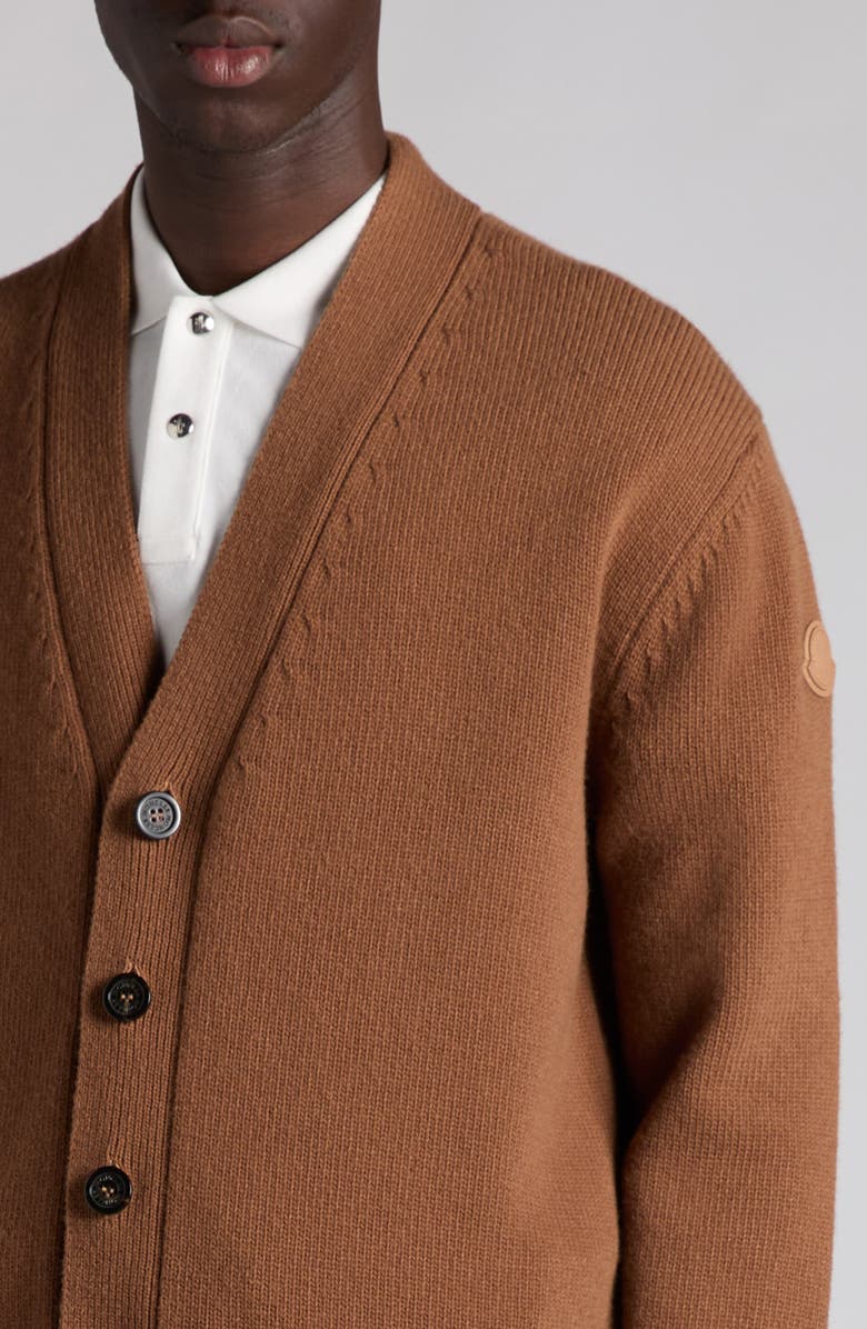 Moncler Logo Patch Virgin Wool Cardigan, Alternate, color, Dull Brown