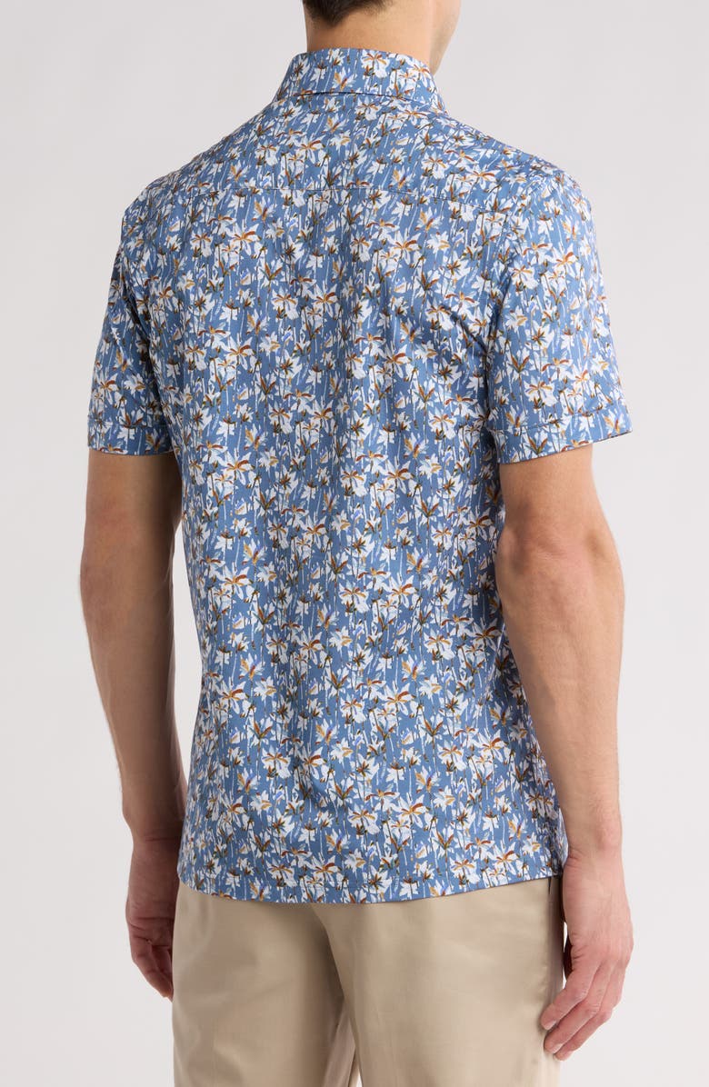 Bugatchi Trim Fit Palm Print Short Sleeve Stretch Cotton Button-Up Shirt, Alternate, color, Air Blue
