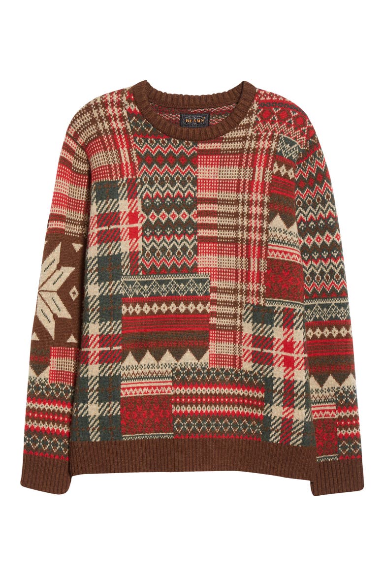 Patchwork Jacquard Wool Blend Sweater, Alternate, color, BROWN/ RED
