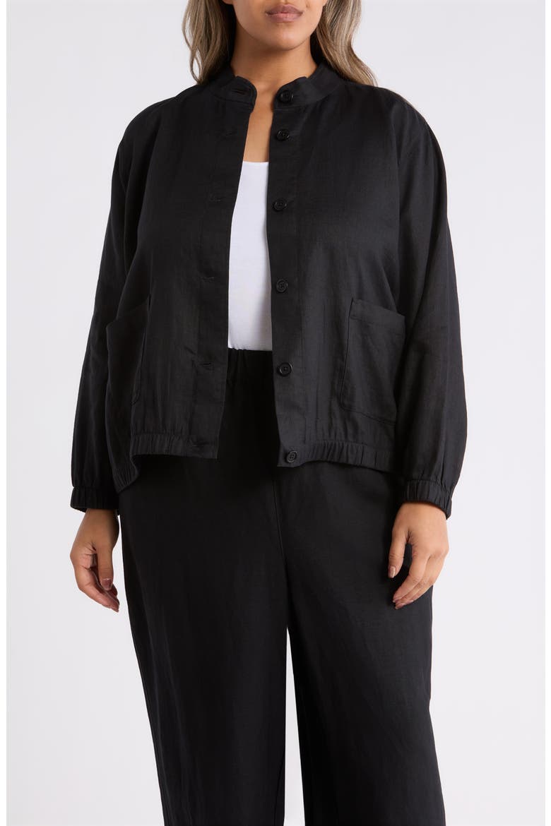 Stand Collar Linen Jacket, Main, color, BLACK
