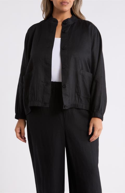 Stand Collar Linen Jacket (Plus)