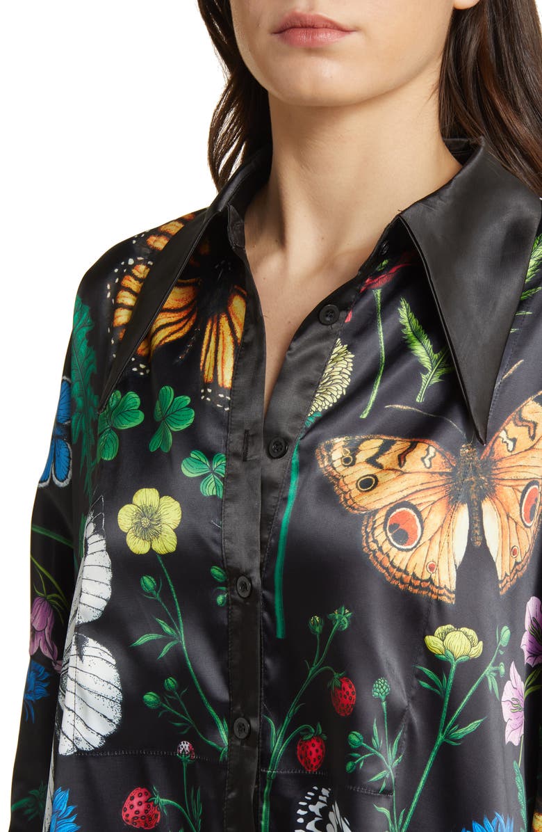 Dressed in Lala Posh Floral Oversize Satin Button-Up Shirt & Pants Set, Alternate, color, Folklore