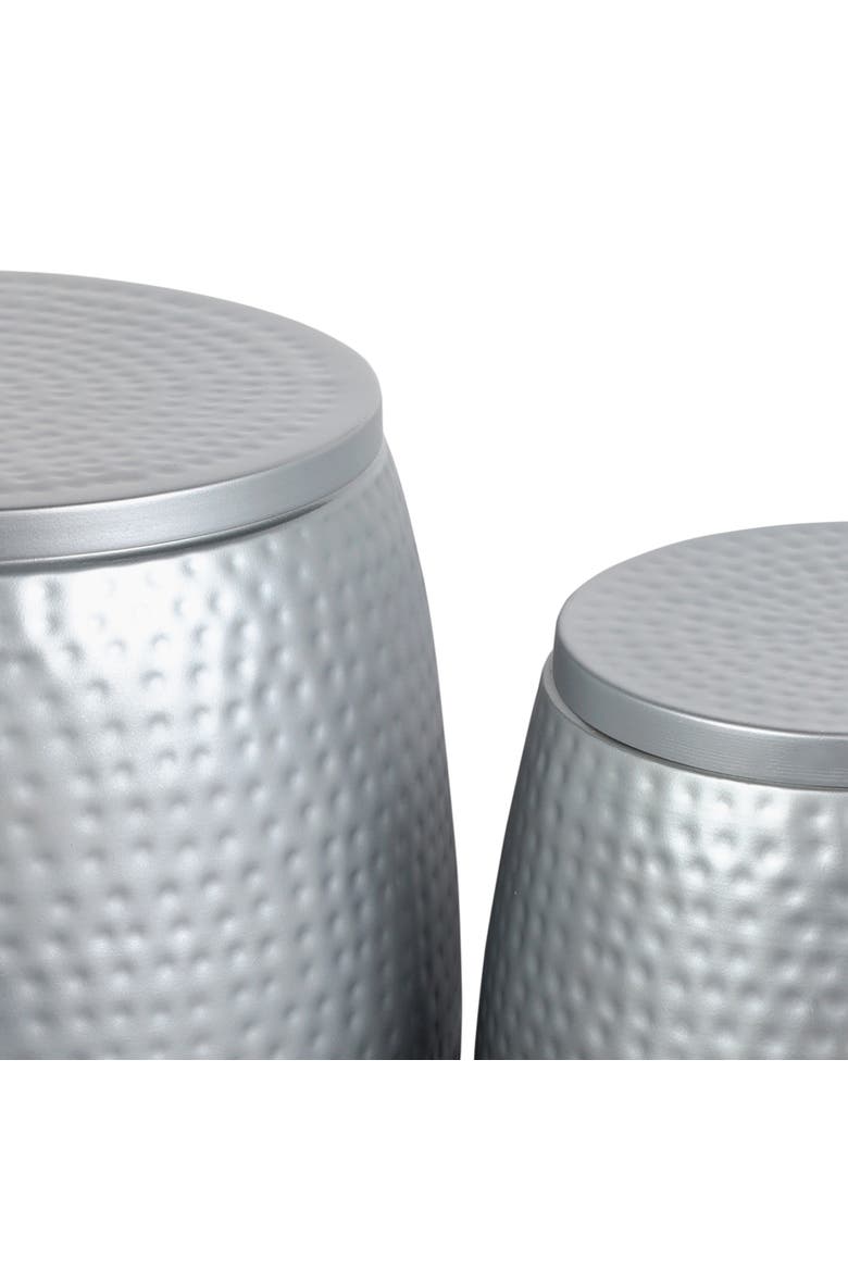 Merida Modern Rustic 2-Piece Hammered Metal Drum Storage Side Tables with Lids, Alternate, color, Silver/Black
