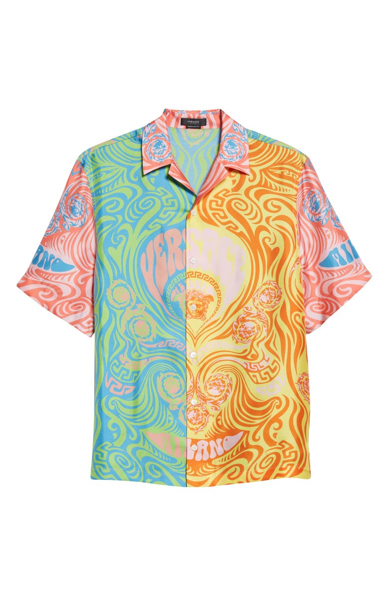 Versace Medusa Music Short Sleeve Silk Button-Up Camp Shirt, Main, color, 