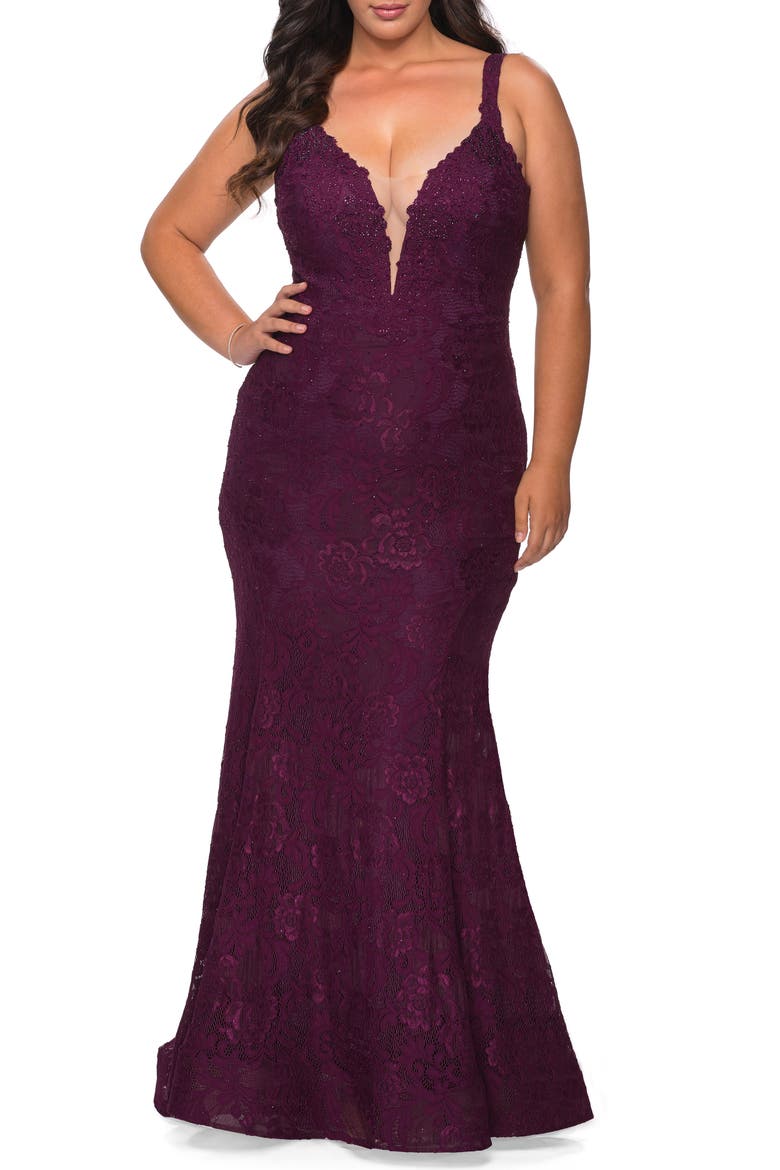 Embellished Lace Trumpet Gown, Main, color, DARK BERRY