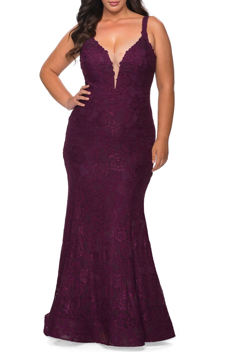 La Femme Embellished Lace Trumpet Gown, Main, color, 