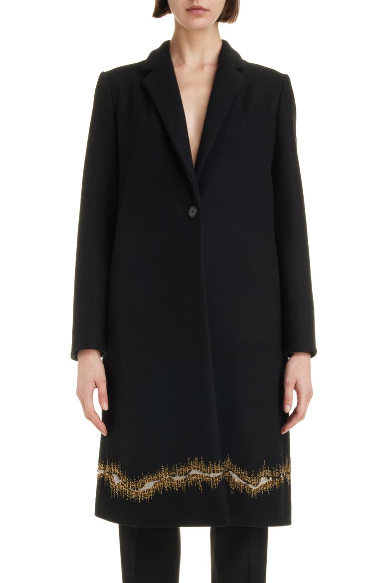 Richy Embroidered Hem Wool Flannel Coat, Main, color, BLACK