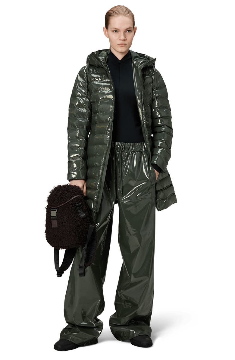 Rains Lohja Curve Waterproof Long Puffer Jacket, Alternate, color, Swamp