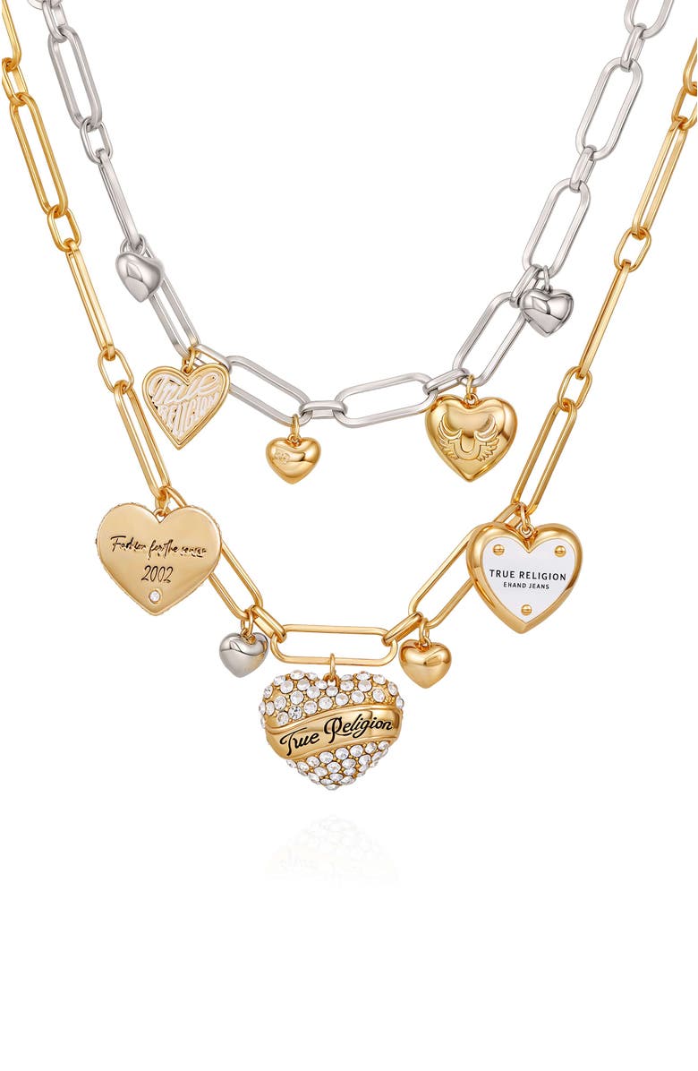 True Religion Mixed Metal Heart Charm Necklace, Alternate, color, Silvertone