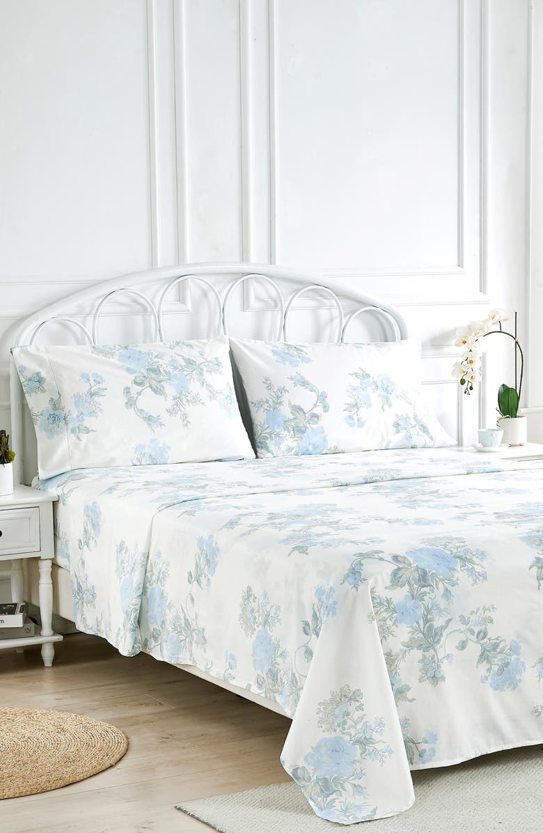 MELANGE HOME Rose 200 Thread Count Percale Cotton Sheet Set, Alternate, color, Blue