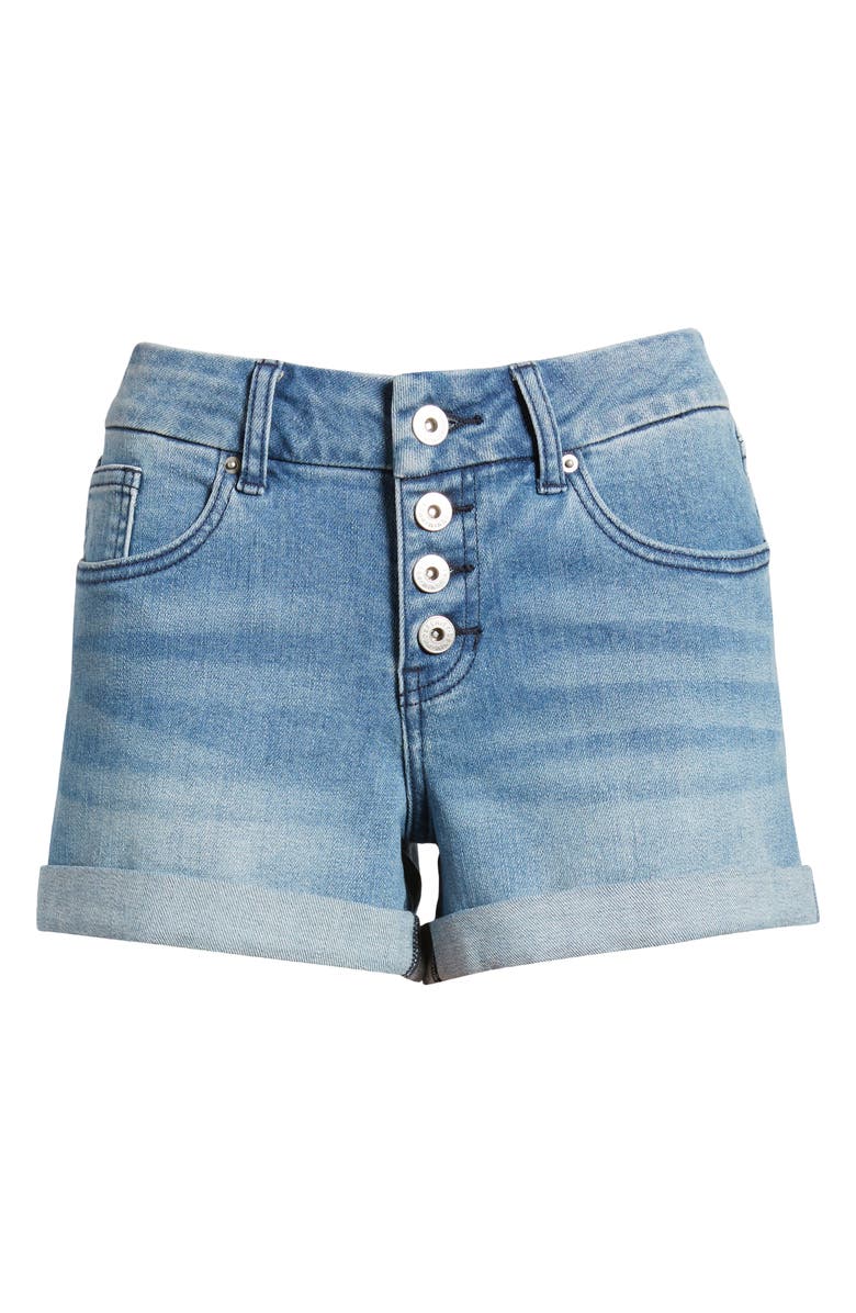 Prosperity Denim Exposed Button Fly High Waist Cuff Denim Shorts, Alternate, color, 