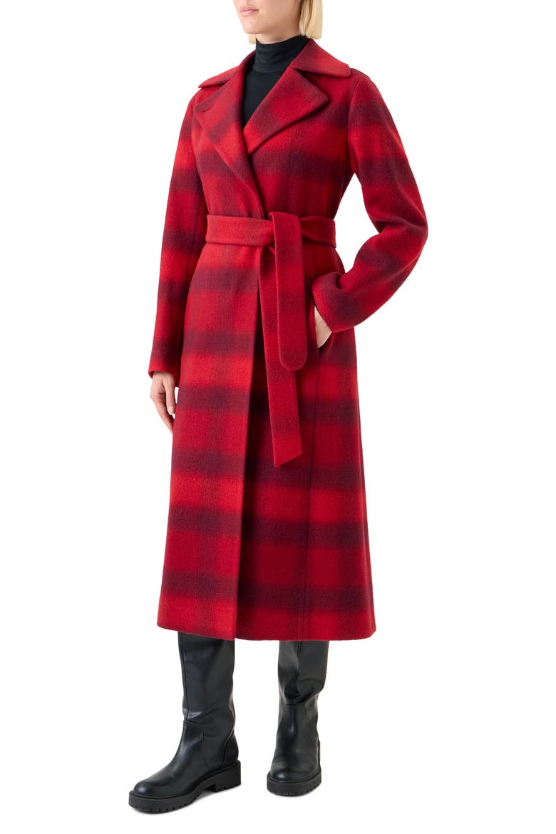 Blurred Check Belted Wool Blend Long Coat, Alternate, color, CRANBERRY-BLACKBERRY