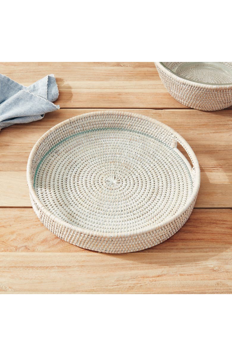 Napa Home & Garden 12.75"  Burma Rattan Whitewash Round Natural Woven Wicker Serving Tray, Alternate, color, White