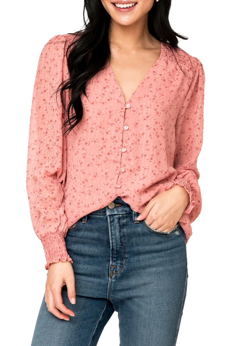 GIBSONLOOK Pin Dot Smocked Detail Top, Main, color, Ptl Pnk Garden Flrl