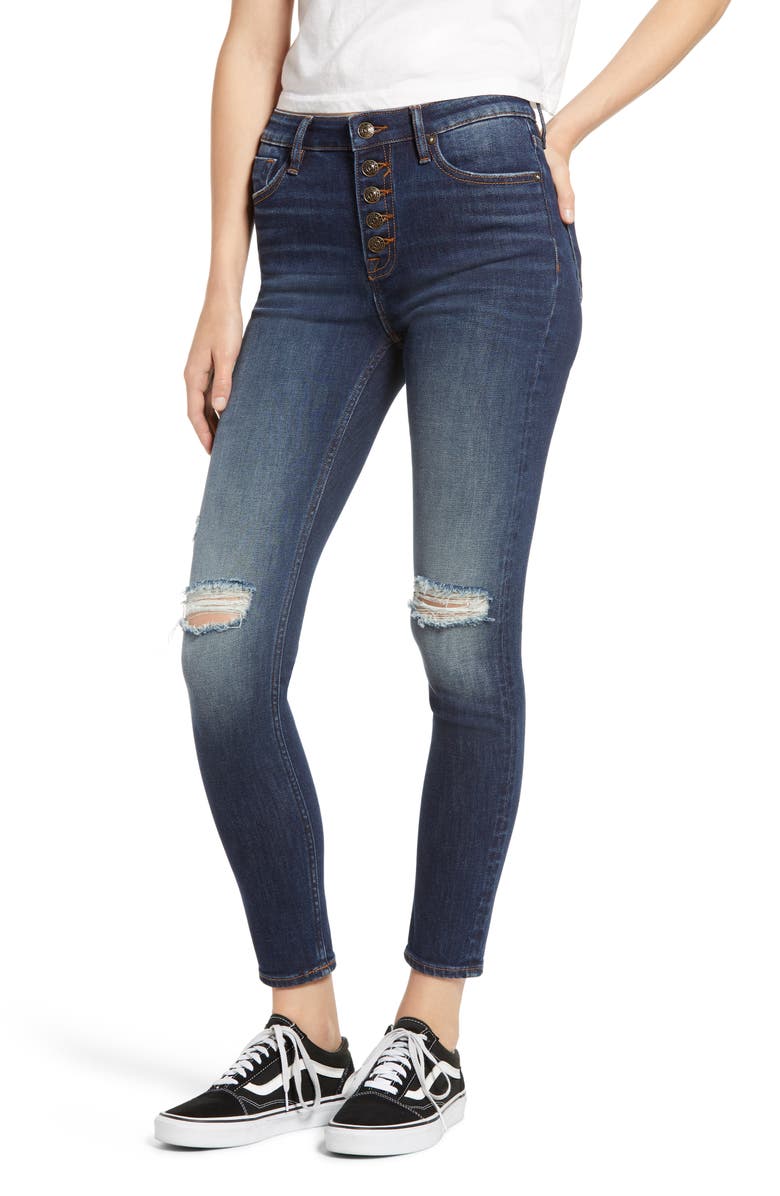 A V DENIM Ace Ripped High Waist Button Front Skinny Jeans, Main, color, 