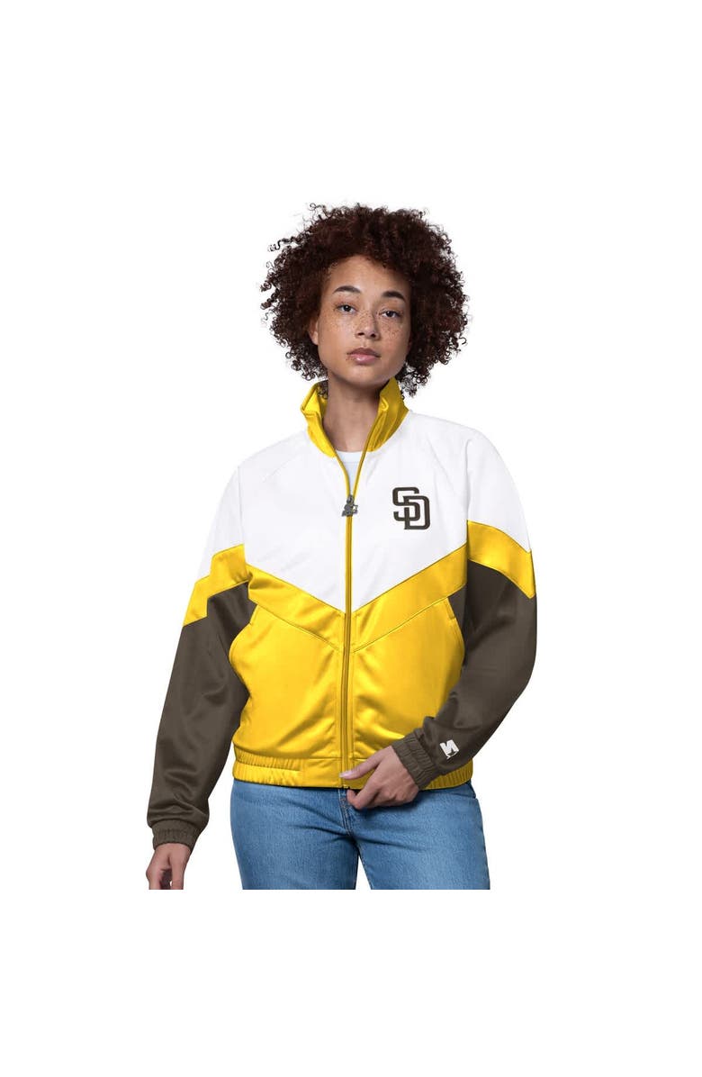 STARTER Women
s Starter  White/Gold San Diego Padres Teamwork Raglan Full-Zip Track Jacket, Main, color, White