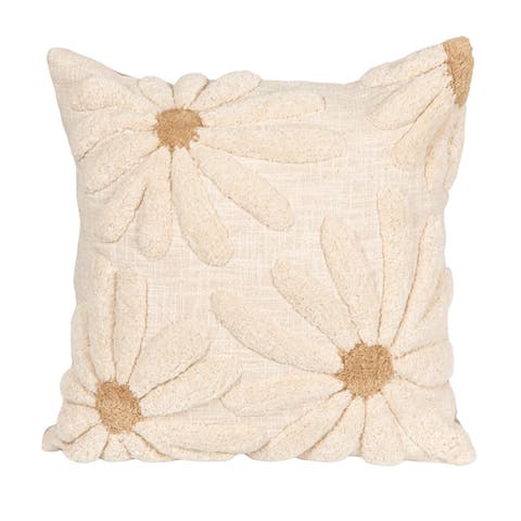 Cotton Slub Pillow with Tufted Flowers, Natural and Tan Color