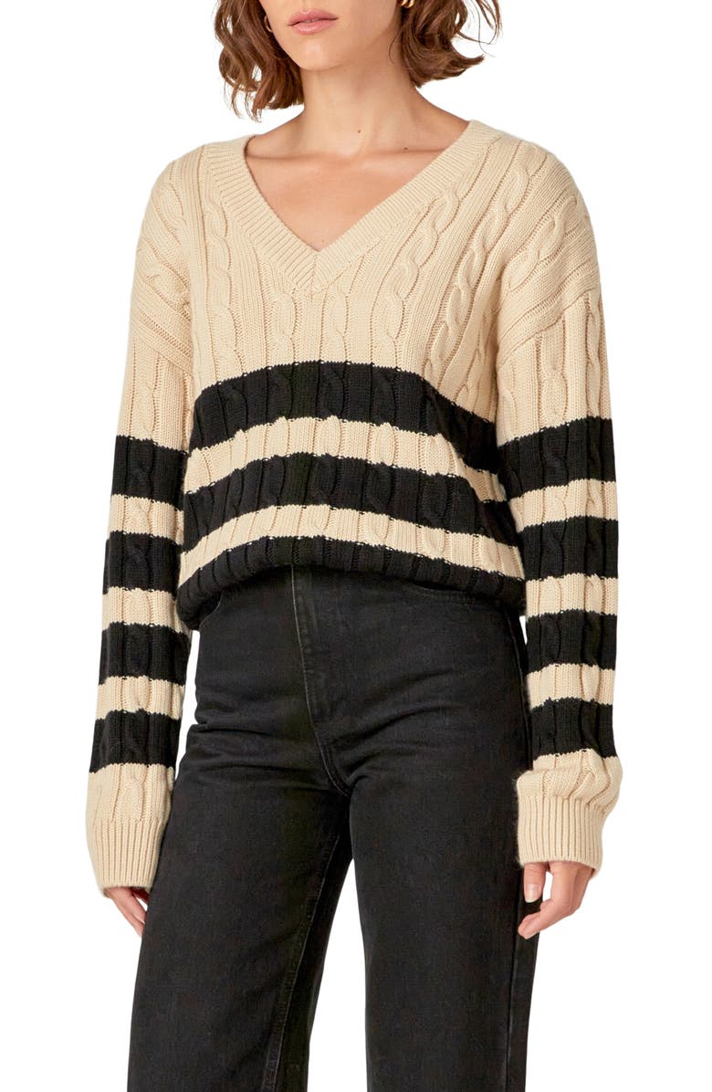 English Factory Stripe Cable Stitch Sweater, Alternate, color, Beige/Black