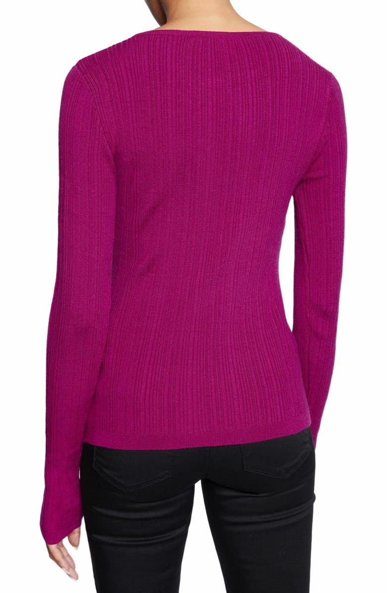 Santorelli Charlene Ribbed Keyhole Knit Top in Merino Wool, Alternate, color, Magenta