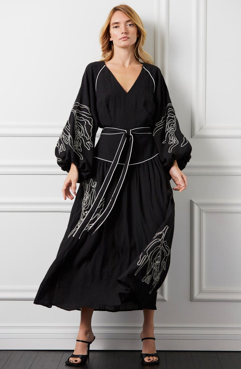 CIEBON Faye Embroidered Tie Waist Long Sleeve Maxi Dress, Alternate, color, Black