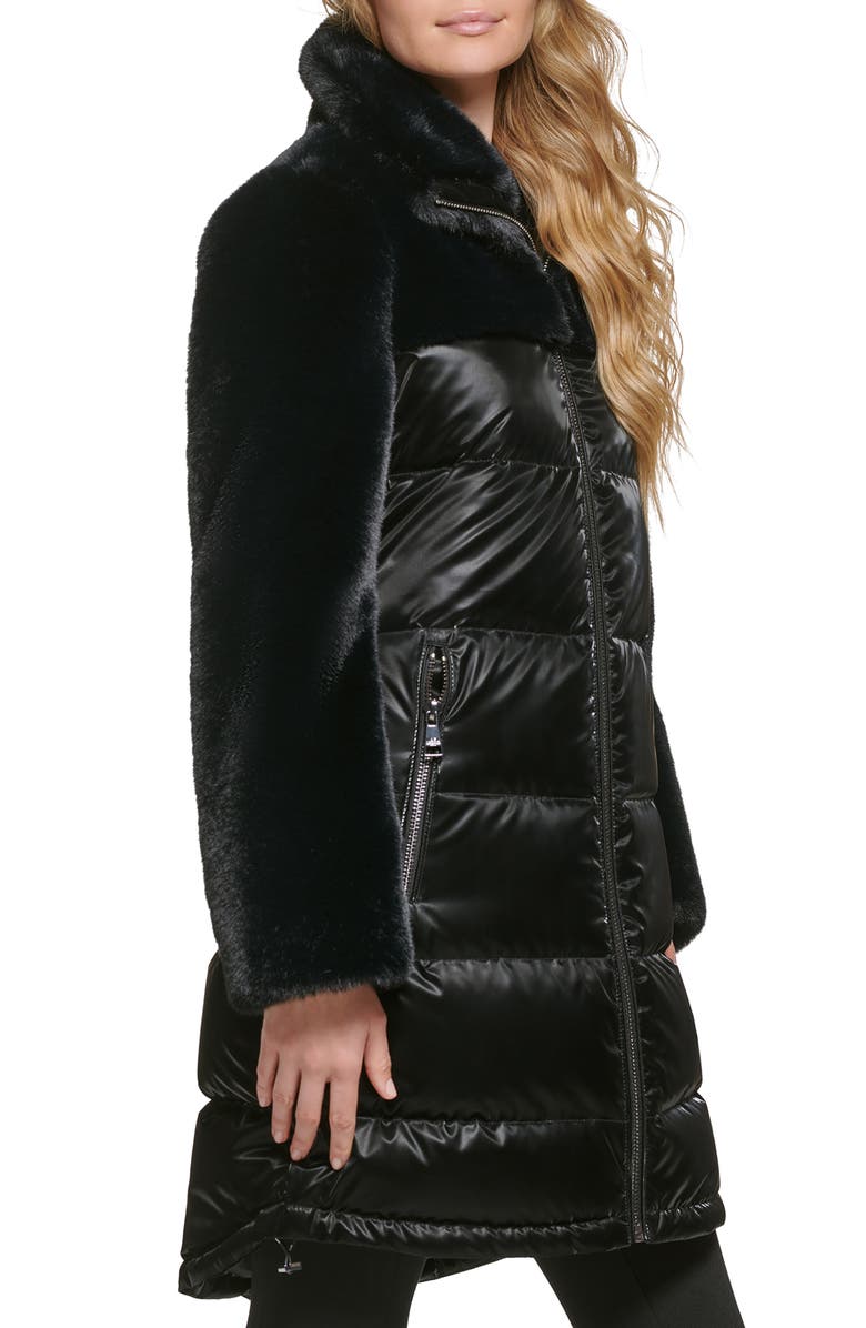 KARL LAGERFELD PARIS Lacquer Water Resistant Faux Fur Trim Puffer Jacket, Alternate, color, Black