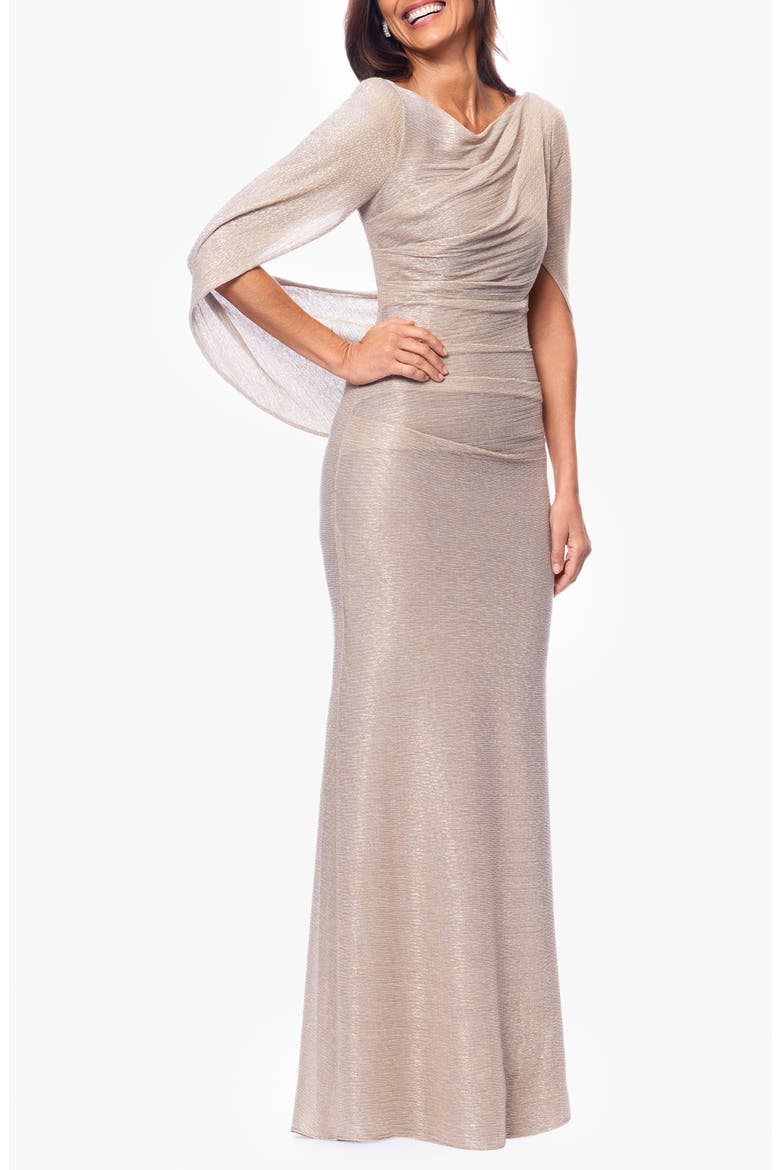 Crinkle Metallic Cape Sleeve Gown, Alternate, color, GOLD/ SILVER