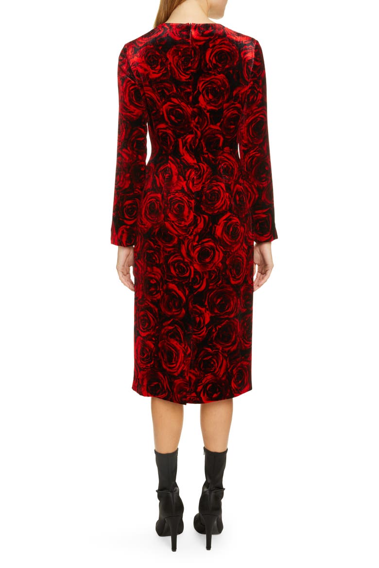 Delavinia Rose Print Long Sleeve Velvet Dress, Alternate, color, RED
