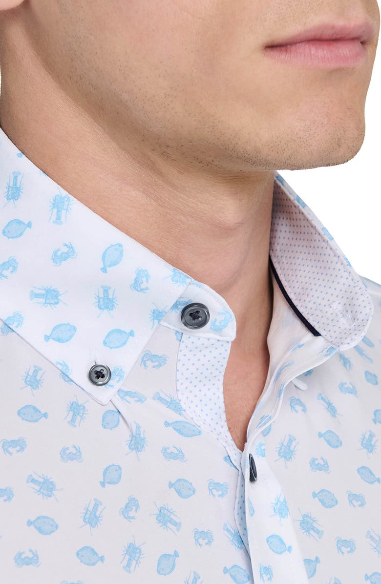 CONSTRUCT Slim Fit 4-Way Stretch Short Sleeve Button-Up Performance Shirt, Alternate, color, White/ Blue