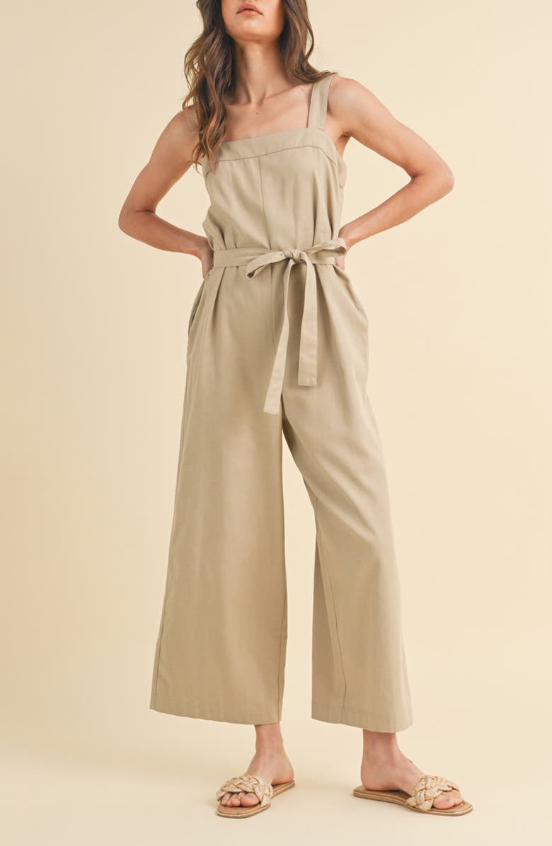 WISHLIST Belted Cotton Blend Capri Jumpsuit, Main, color, Taupe