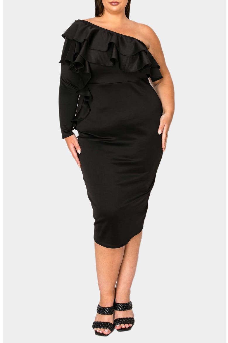 Val Ruffle One-Shoulder Midi Dress, Main, color, BLACK