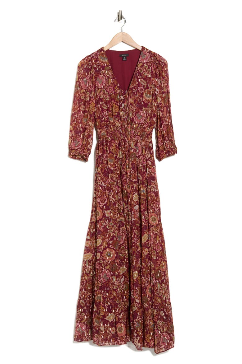 Lace-Up Front Long Sleeve Maxi Dress, Alternate, color, ZINFANDEL