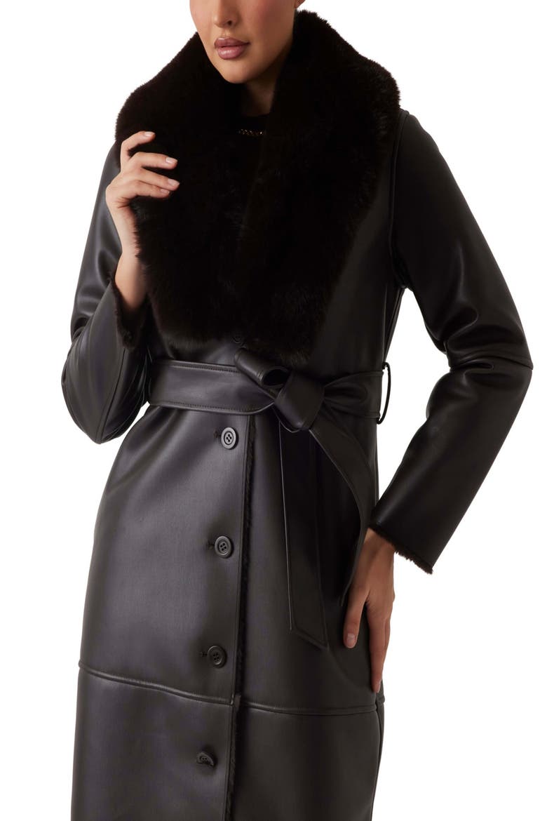 Zoey Faux Leather Coat with Removable Faux Fur Collar, Alternate, color, DARK BROWN