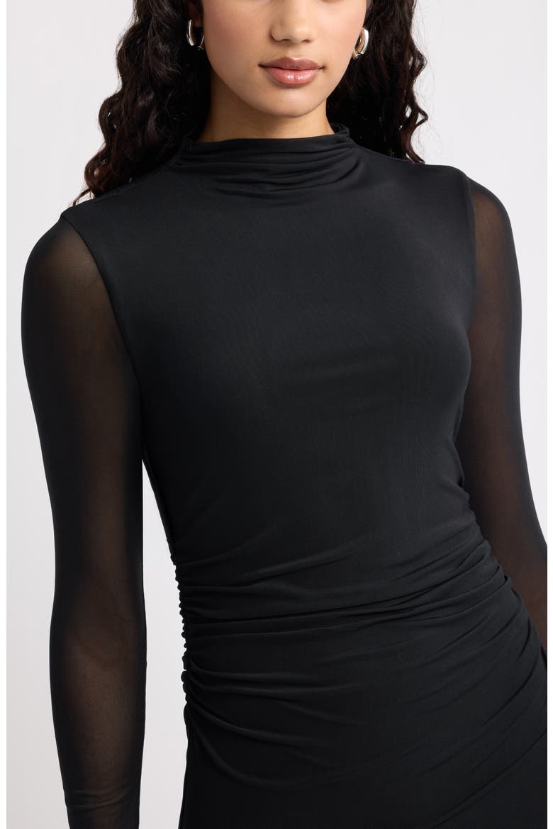 Mock Neck Long Sleeve Mesh Midi Dress, Alternate, color, BLACK