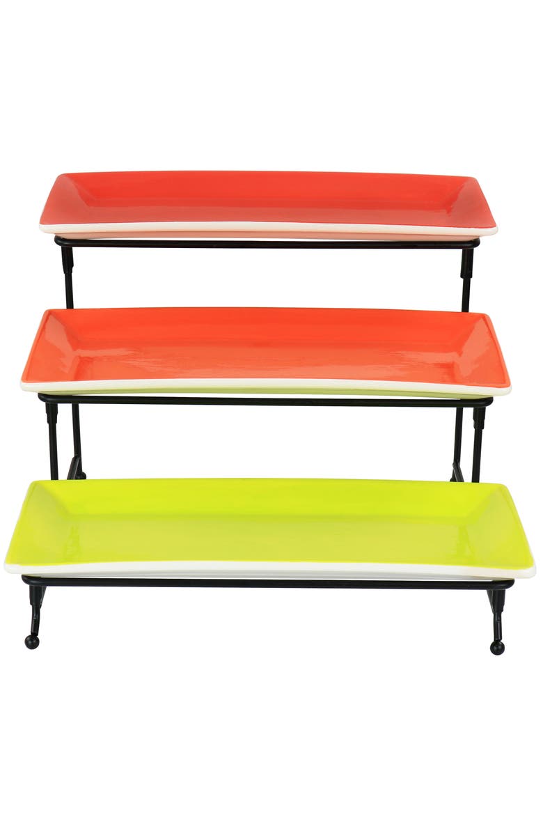 Crenshaw Hand Painted Stoneware 3-Tier Serving Set with Metal Rack color, Alternate, color, Assorted