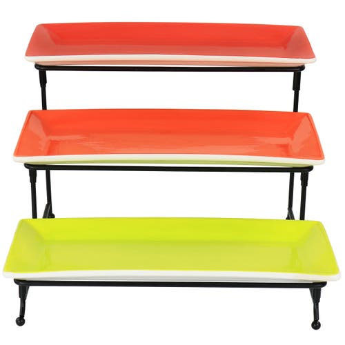 Gibson Home Crenshaw Hand Painted Stoneware 3-tier Serving Set With Metal Rack In Multicolor In Red