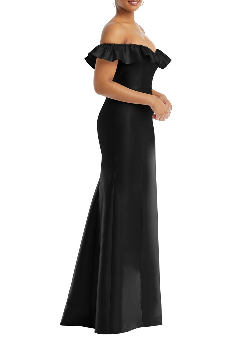 Off the Shoulder Ruffle Satin Trumpet Gown, Alternate, color, BLACK